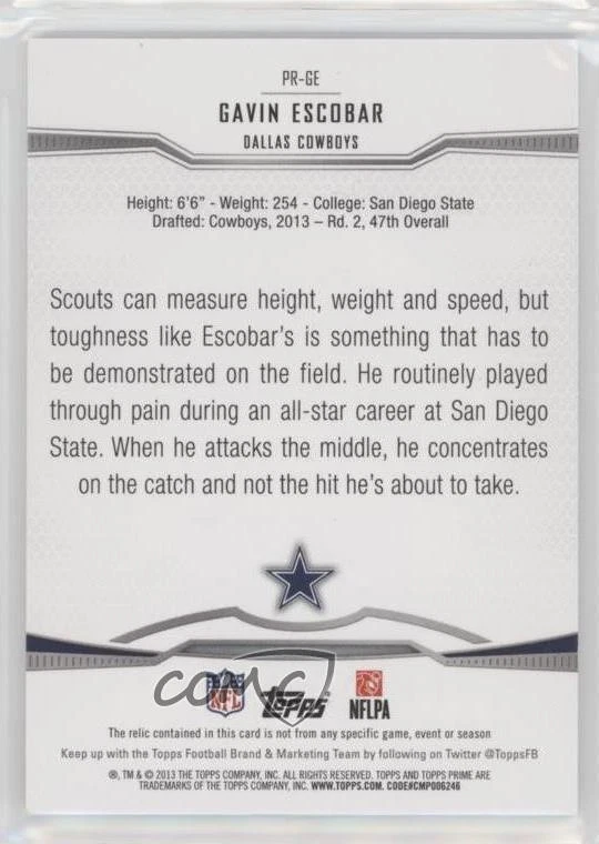 2013 Topps Prime Relics /170 Gavin Escobar #PR-GE Rookie RC - Image 2 of 2