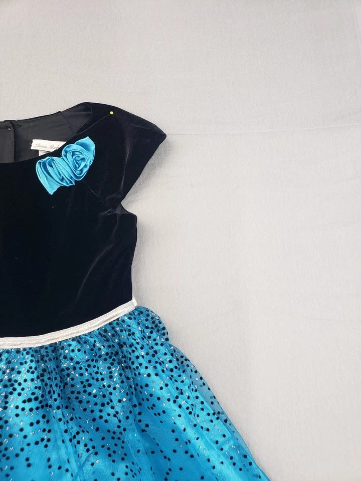 Vestido Jona Michelle Niñas 8 Negro Terciopelo Azul Tul Brillante Fiesta de Vacaciones Informal Foto 3 de 4
