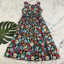 Talbots Vintage 90s Pleated Midi Dress Size 8 Pink Green Floral Buttons Pockets