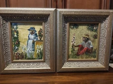 Pair Oil On Canvas Signed Monkey Paintings Framed W/ Clothes Blue White Floral