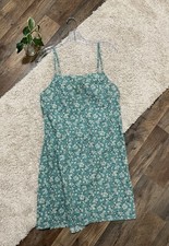 American Eagle Large Green Floral Linen Blend Square Neck Cottagecore Mini Dress