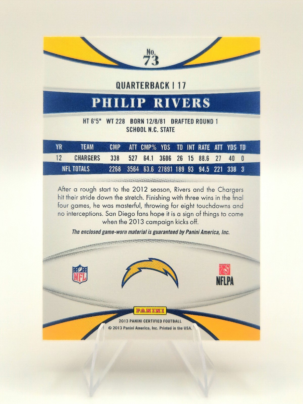 2013 Panini Certified - Philip Rivers Mirror Red Game Used Jersey #'d/199 view 3
