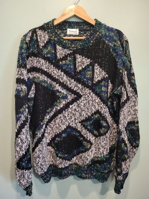 Vtg Mens Protege Tag Textured Geometric Dark Multicolor Crewneck Sweater Sz M