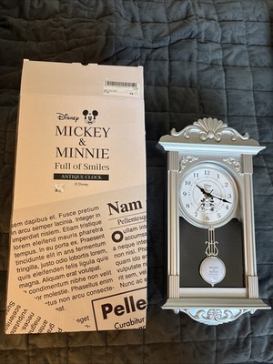 Japan Disney Mickey & Minnie Full Of Smiles Antique Clock Silver Pendulum 16 