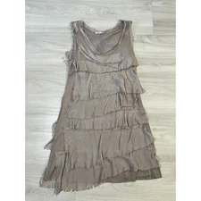 Made in Italy Women Dress Taupe Layered Ruffle Grey Tiered Fringe Sleeveless M