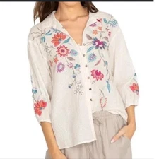 JOHNNY WAS Phoebe Embroidered Blouse Top Floral Dragonfly Buttons  Shirt XL Boho