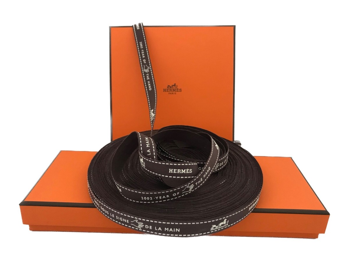 Authentic 2002 HERMÈS Bolduc Ribbon Brown & White Horse Buggy Logo