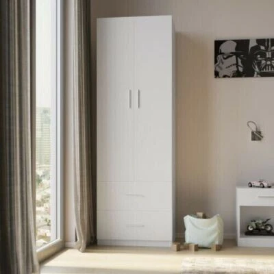 URBNLIVING White Wooden Orlando 2 Drawer With 2 Door Bedroom Wardrobe Hanging Bar Compact