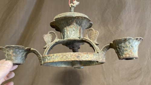 Antique 3 Light Arts Crafts Mission Ceiling Light Fixture Hammered Iron - Picture 19 of 24