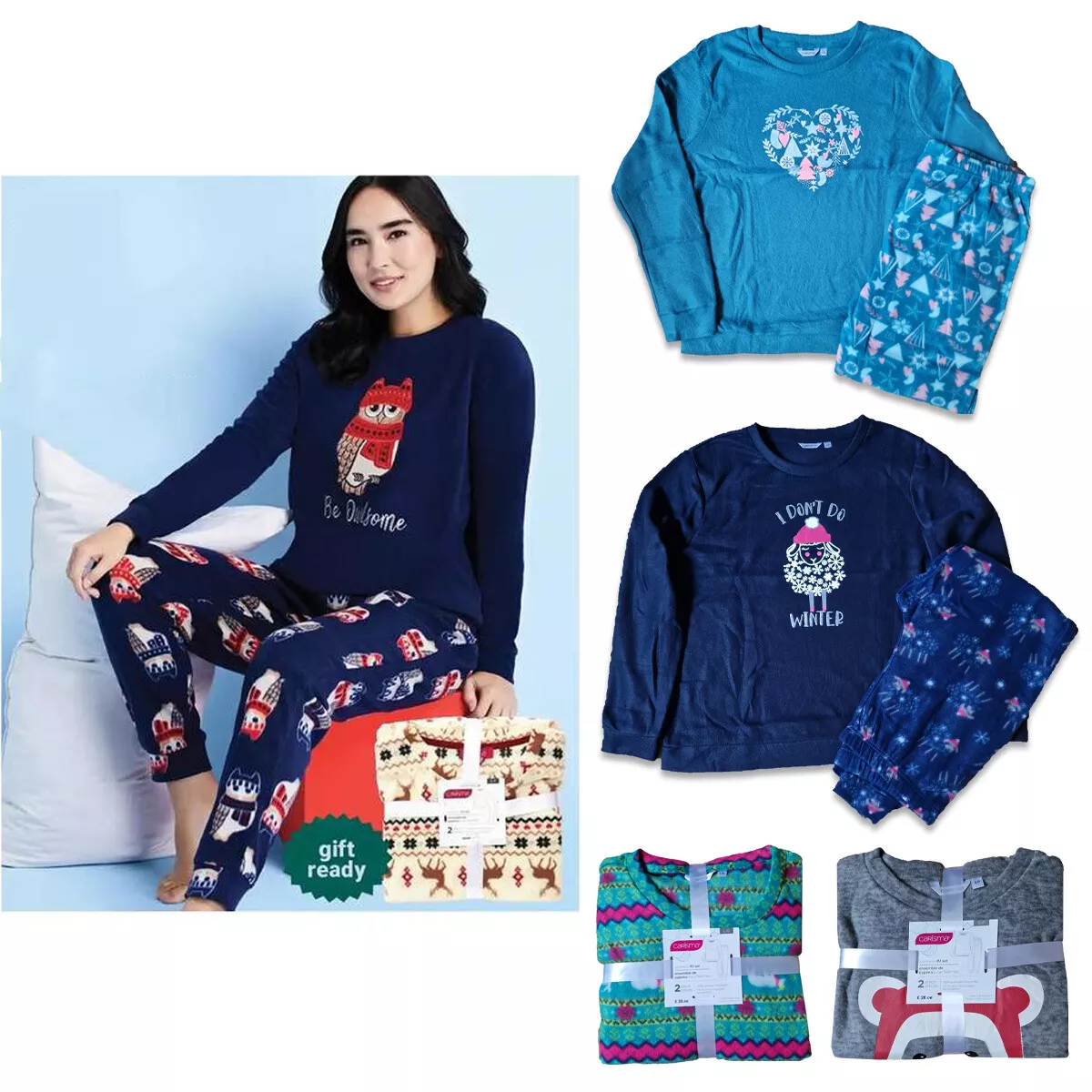 Ladies Womens Printed Christmas Winter Warm Pyjamas PJs Set