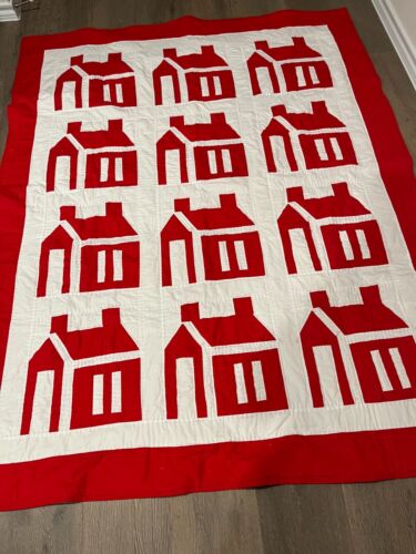 Quilt Red and White Schoolhouse Wall Quilt - 51" x 67" Hand Quilted - Picture 1 of 4