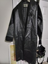 Vintage Outbrook Leather Jacket Medium Black Trench Coat Long Button Pockets