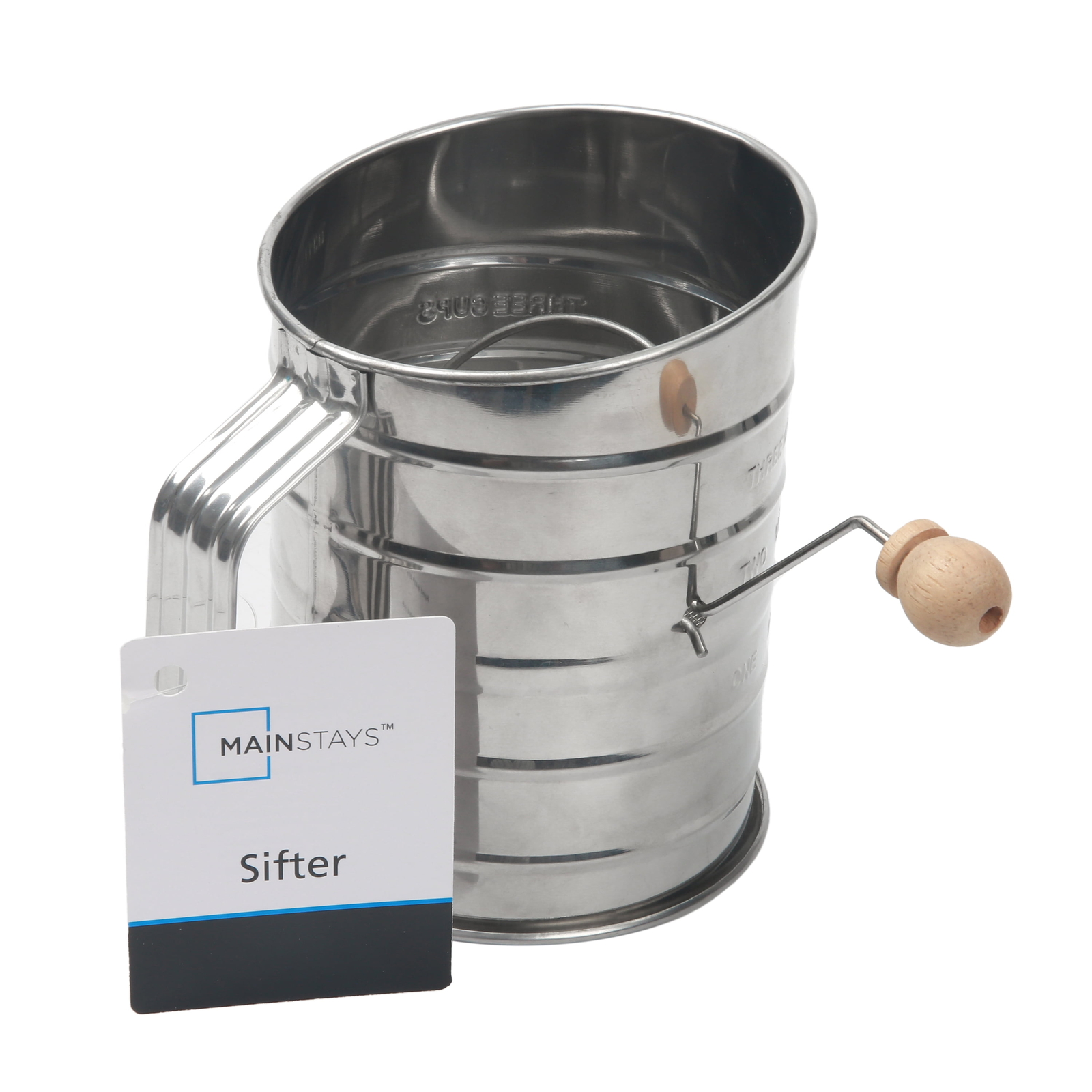 Stainless Steel 3 Cup Flour Hand-Crank Sifter with Beechwood Handle Silver