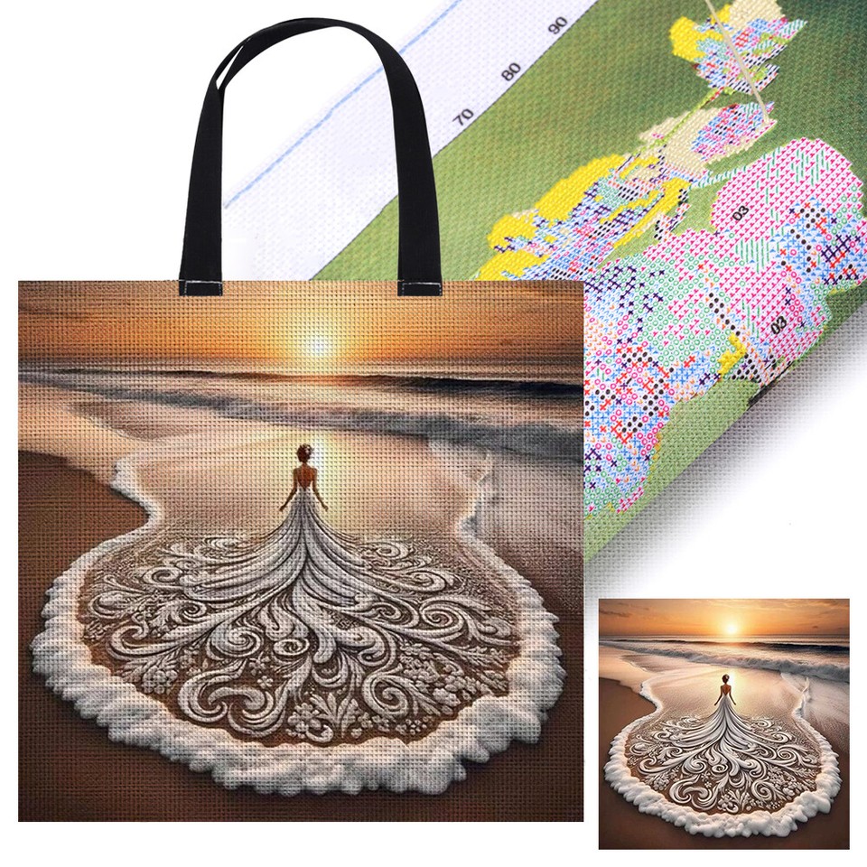 11CT Piano Girl Cross Stitch Canvas Tote Bag DIY Cross Stitch Kit