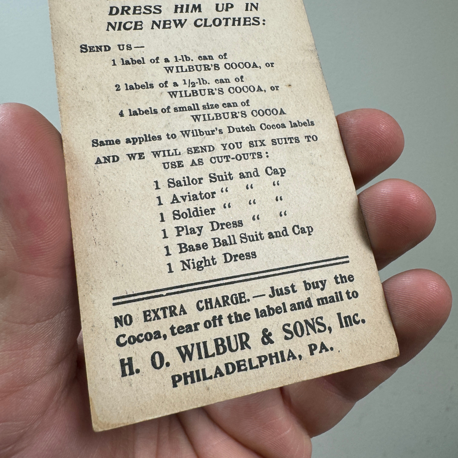 Vtg Wilbur's Cocoa Trade Card Advertising Paper Doll WILL BURR Chocolate