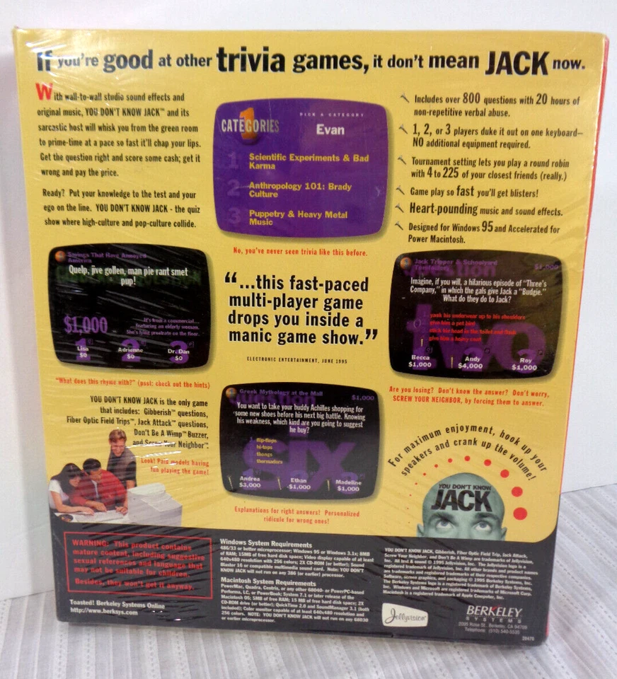 CD-ROM - YOU DON'T KNOW JACK - WINDOWS 95 PC WINDOWS 3.1 - 1995 - FACTORY SEALED - Image 2 of 3