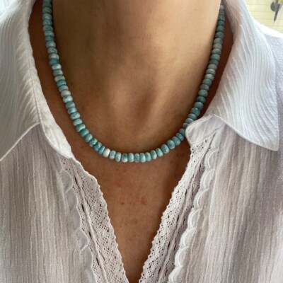 6mm Light Blue Larimar AAA Grade Smooth Rondelle Turtleback Gemstone Necklace