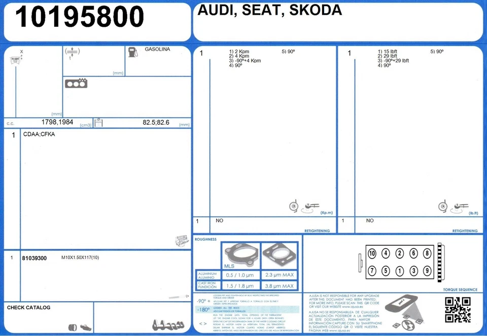 Cylinder Head Gasket Set AUDI A5 TFSI 16V 1.8 170 CABD (10/2007-) - Imagem 2 de 2