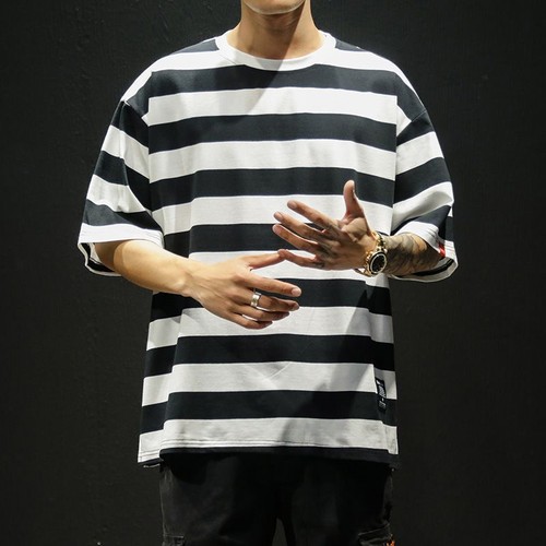 Oversized T Shirt - O Neck Short Sleeve Striped Men's Casual Streetwear Tees - Picture 8 of 18