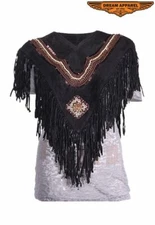 Women's Motorcycle Suede Leather Poncho w/ Lavish Fringe, Beads, Shell & Sequins