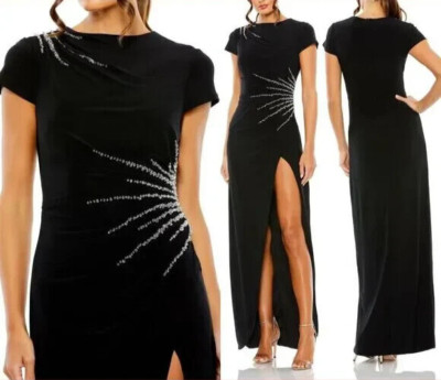NWT Mac Duggal 11670 Slit Gown with Side Beaded Sequins Black Sz 8 $398