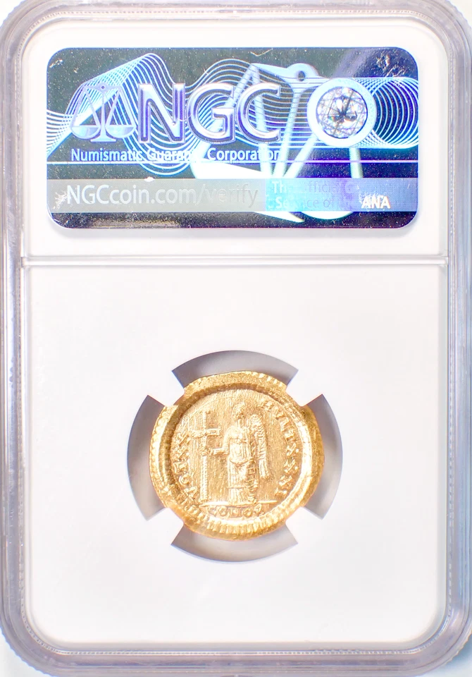 Moneda romana de oro sólido Teodosio II AV 402-450 DC - NGC MS (UNC) - superficie 5/5 Foto 3 de 4