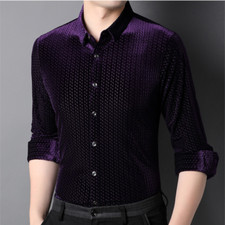 Men Velvet Blouse Pleuche Shirts Tops Long Sleeve Check Business Casual Slim New