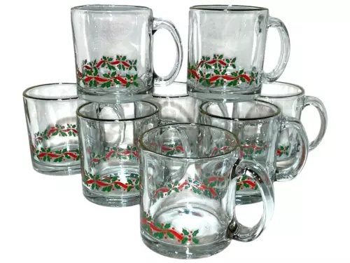 Set of 8 Vtg Libbey Christmas Holly Berry Clear Glass Mugs Made in USA Gold Rim