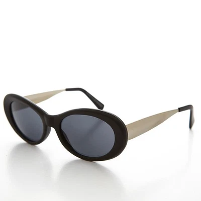 Gafas de sol negras mate ovaladas Mod Punk Cateye años 90 vintage templo plateado - Loretta - Imagen 1 de 3