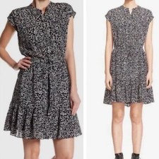 Rebecca Taylor Women Sz 6 Black White Silk Blend Print Ruffle Tie Front Dress
