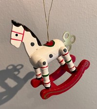 Vintage White Red Painted Wood Rocking Horse Christmas Ornament