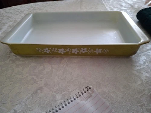 VTG PYREX LASAGNA 933 GREEN SPRING BLOSSOM CRAZY DAISY PAN DISH 13½x8¾x1¾