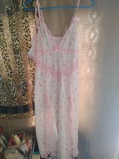 Women's White Pink Floral Lace Trim Full Slip Chemise Spaghetti Strap