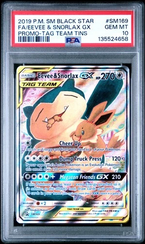 2019 POKEMON SM BLACK STAR PROMO #SM169 FULL ART/EEVEE & SNORLAX GX PSA 10