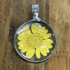 Dried Pressed Yellow Daisy Flower Resin Silver Tone Pendant