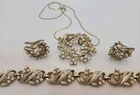 Vintage Coro Gold Tone White Milk Glass Pendant, Bracelet 7" W/Clip On Earrings