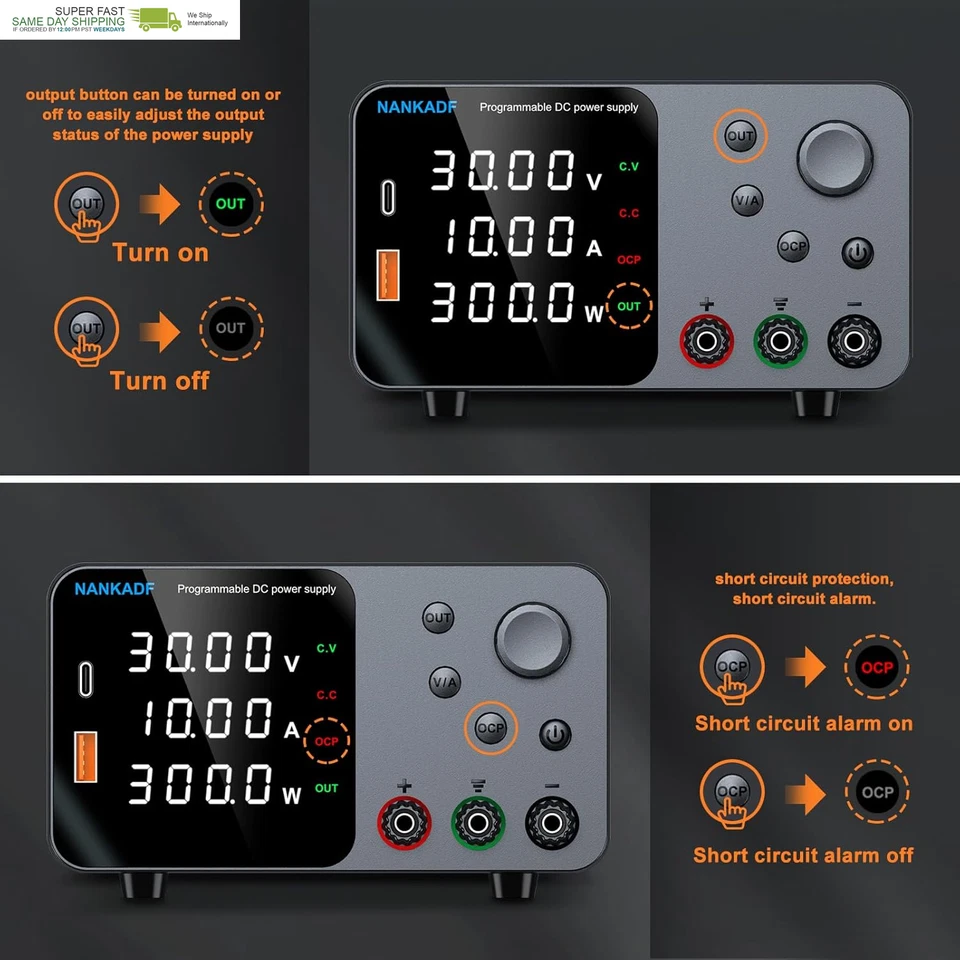 DC Power Supply, 30V 10A Bench Power Supply with Encoder Adjustment, 5V/3.6A Usb - Image 3 of 4