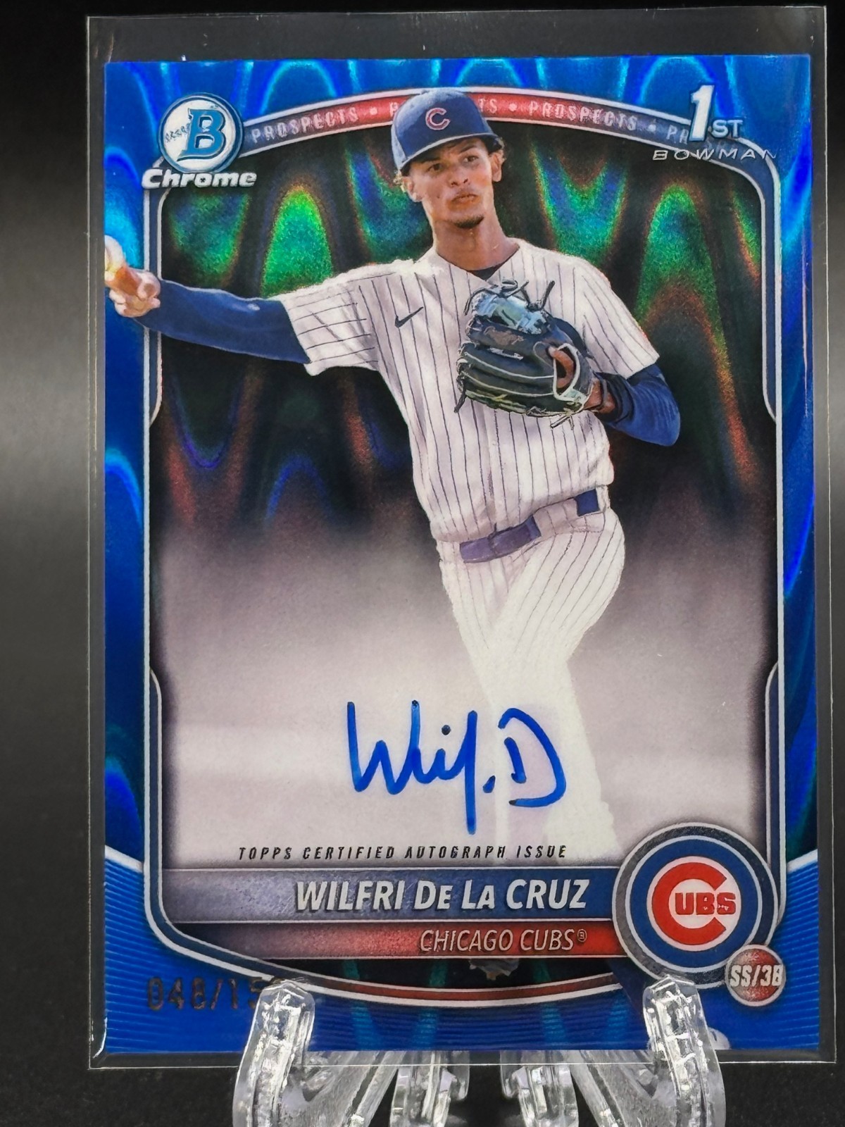 Wilfri De La Cruz 2025 Bowman Chrome 1st Blue RayWave Auto #48/150 Cubs Orioles