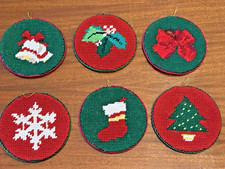 Canvas Plastic Christmas Tree Hanging Ornament Needlepoint Handmade Set Of 3