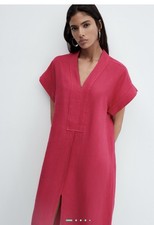 Mango MNG 100% Linen Dress MIDI Fuchsia Pink Sz Small Coastal Shift Casual