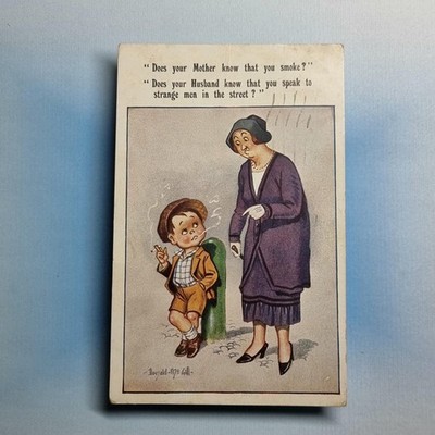 Donald McGill Comic Postkarte 1931 Posh Lady Cheeky Young Boy Smoking Seltsam