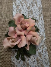 Capodimonte Hand Painted Porcelain Pink Rose Floral Figurine, Italy, 5in