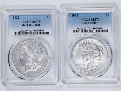 2023 $1 Morgan and Peace Silver Dollar 2-Coin Set MS70 PCGS 48090806