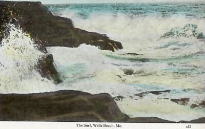 Wells Beach ME Postcard Hand Colored The Surf Sea Cliff Frank Swallow Exeter NH