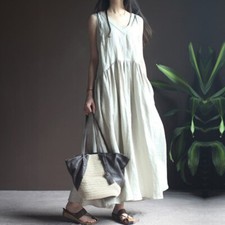 Lady Midi Dress V-neck Sleeveless Loose Ethnic Retro Camisole Soft