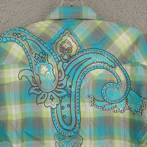 Wrangler Women's Large Plaid Embroidered Pearl Snap Shirt Metallic Threads - Picture 10 of 11