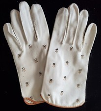 Vintage 1950s/1960s White Dress Gloves With Rhinestones Leather trim Size 6-7