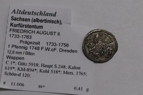 🧠🇩🇪 GERMANY SAXONY 1 PFENNIG 1748 DRESDEN SHARP DETAILS B79 #W585