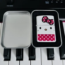 White Hello Cat Kitty Lighter Metal Refillable Polka Dot Bow