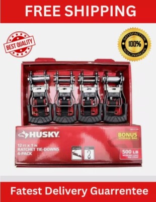 HUSKY RATCHET TIE-DOWN STRAPS 4-PACK 1 in. x 12 ft. Quick  Hook 1500 lbs.